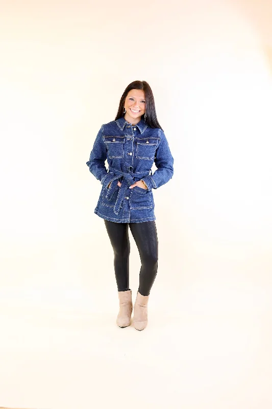 Judy Blue | Tied Together Mid Length Denim Utility Jacket in Dark Wash