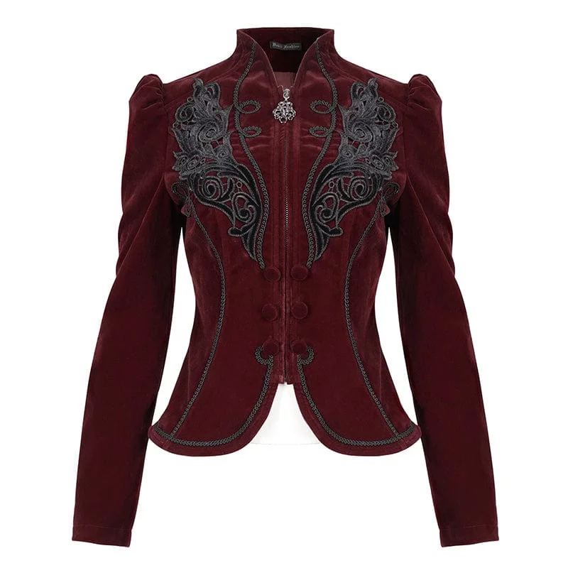 Women's Gothic Stand Collar Floral Embroidered Jacket Red