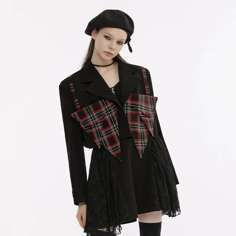 Women's Grunge Turn-down Collar Plaid Splice Jacket