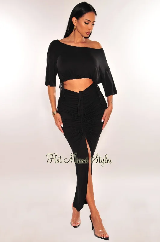 Black Drawstring Ruched Slit Skirt Two Piece Set