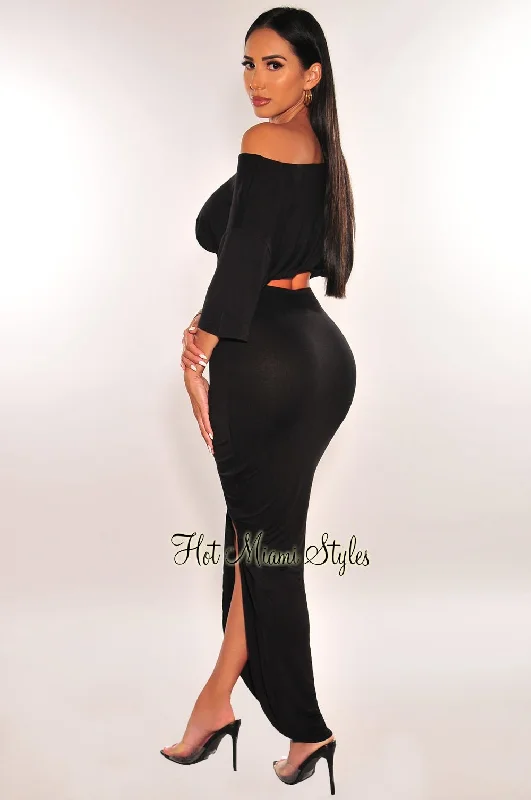 black-drawstring-ruched-slit-skirt-two-piece-set