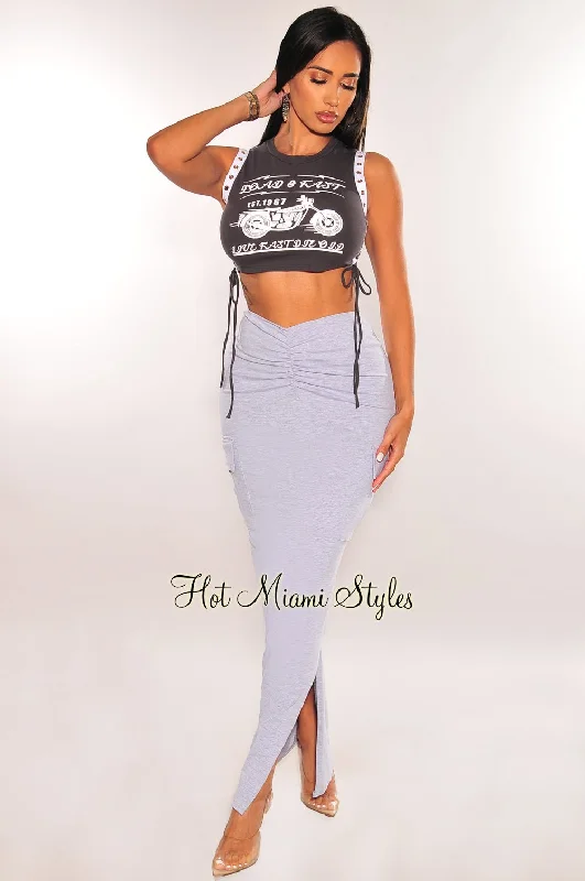 Charcoal Gray Lace Up Sleeveless Graphic Top Cargo Slit Skirt Two Piece Set