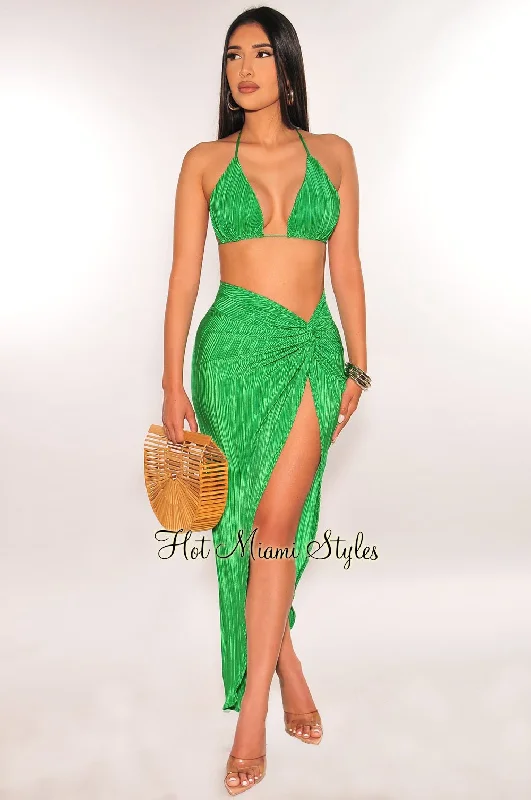 Kelly Green Ribbed Pleated Halter Triangle Top Knotted Slit Skirt Two Piece Set