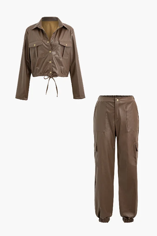 Faux Leather Tie Button Up Flap Pocket Jacket And Elastic Pants Set