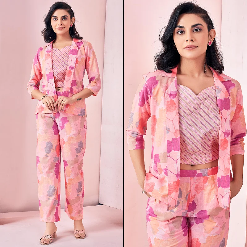 Peach Floral Printed Pure Cotton Co-ord Set With Jacket