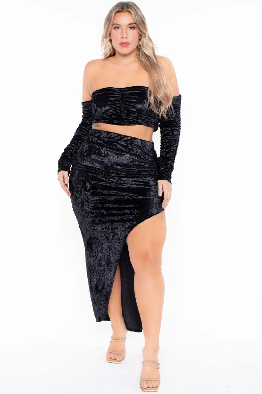 Plus Size Amara Velour Ruched Matching Set - Black