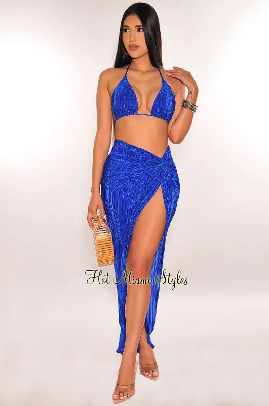 Royal Blue Ribbed Pleated Halter Triangle Top Knotted Slit Skirt Two Piece Set