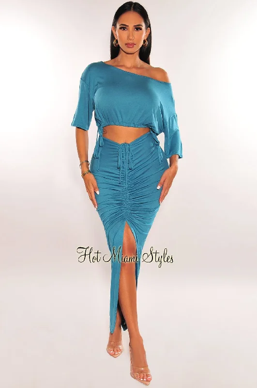 Teal Drawstring Ruched Slit Skirt Two Piece Set