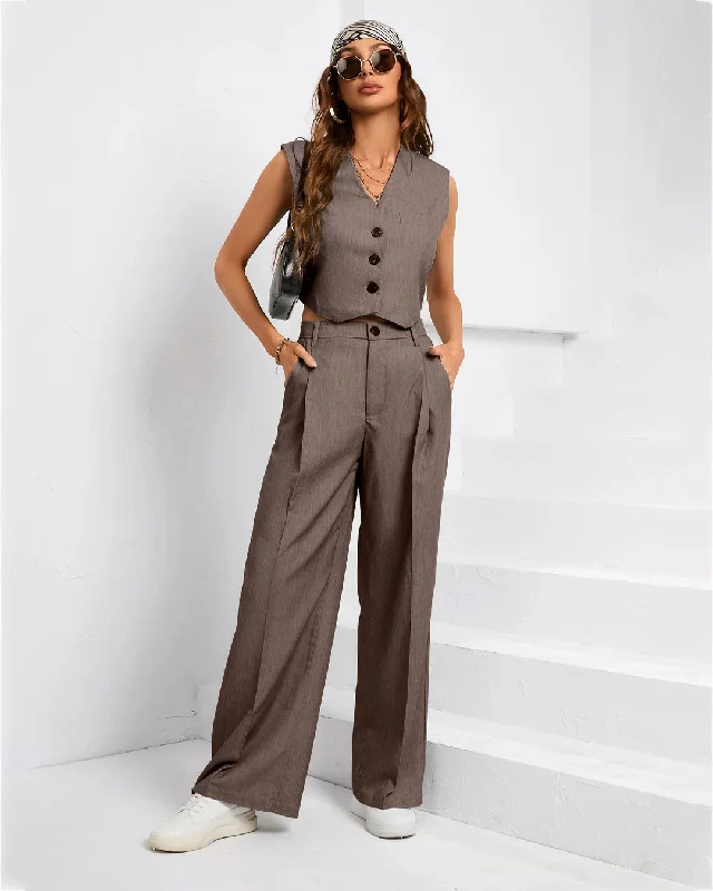 Two Piece Tailored Suit Pants With Vest Coat In Cappuccino