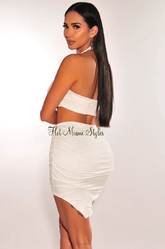 white-halter-gold-ring-ruched-asymmetrical-mini-skirt-two-piece-set