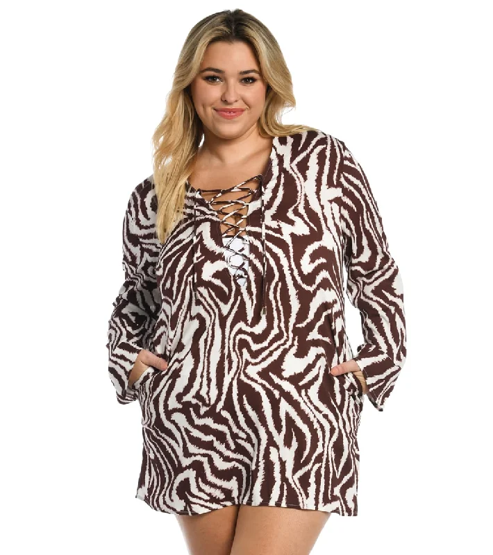 La Blanca Women's Plus Fierce Lines Lace Up Cover Up Tunic Java