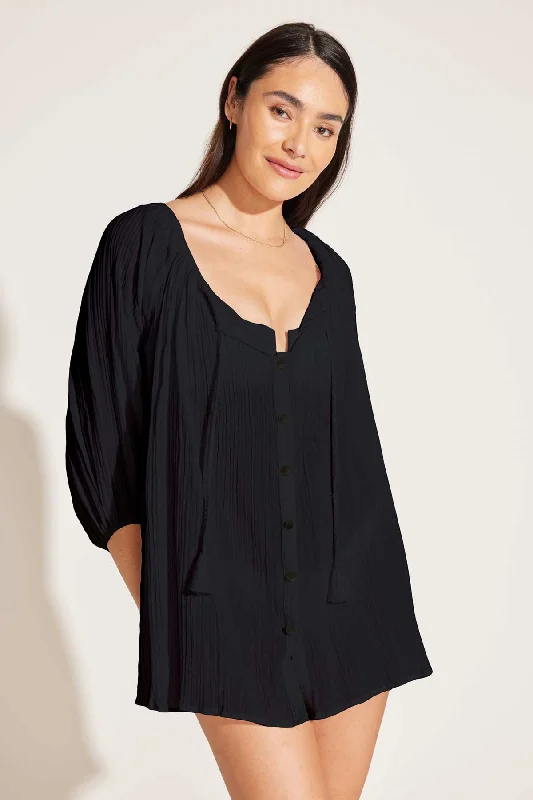 Costa Shirt Dress - Black Crinkle Organic Cotton