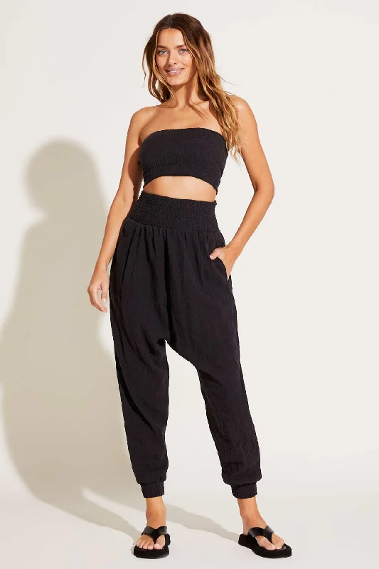 Nya Smocked Beach Pant - Black Crinkle Linen