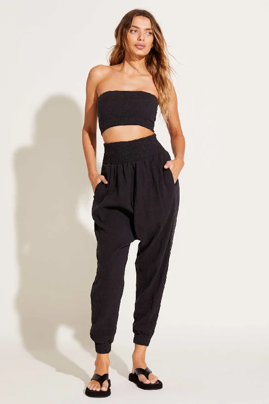 Nya Smocked Beach Pant - Black Crinkle Linen