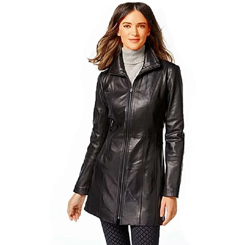 Anne Klein Women's Stand-Collar Lamb Leather Walker Coat