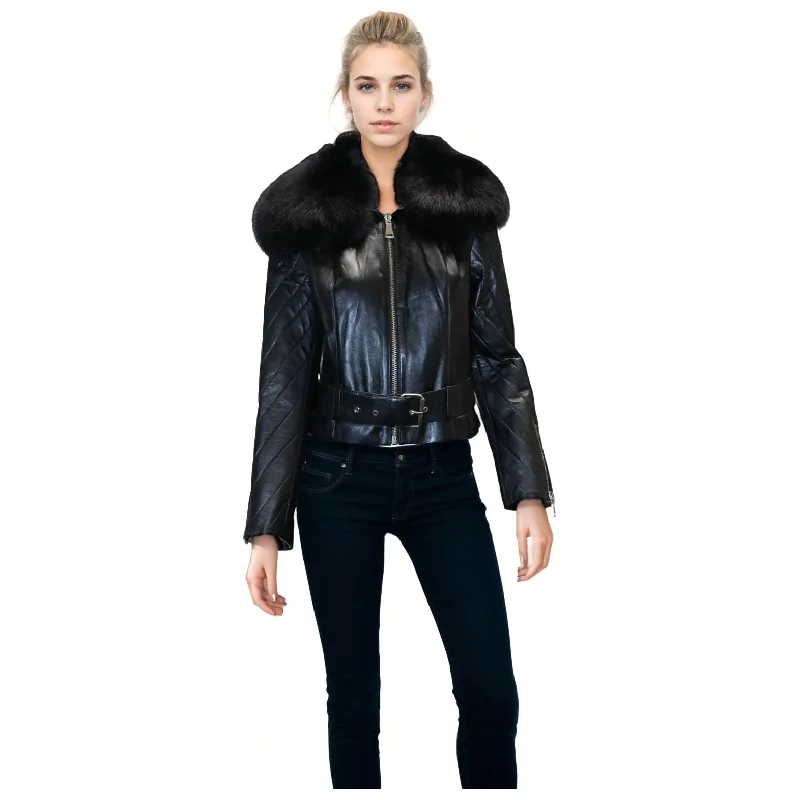 BARYA New York Women's Leather Jacket with Fox Fur Collar