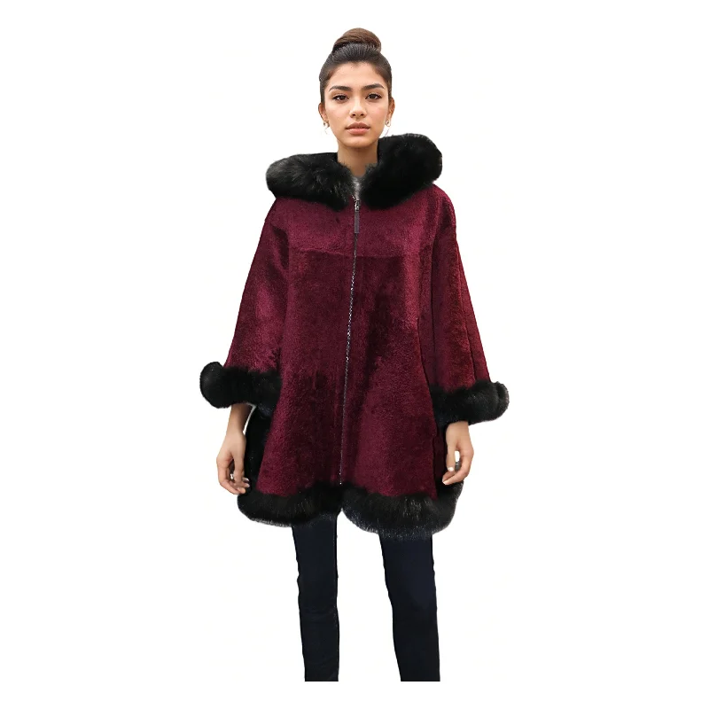 Barya New York Women's Poncho Overcoat with Fox Fur Hood