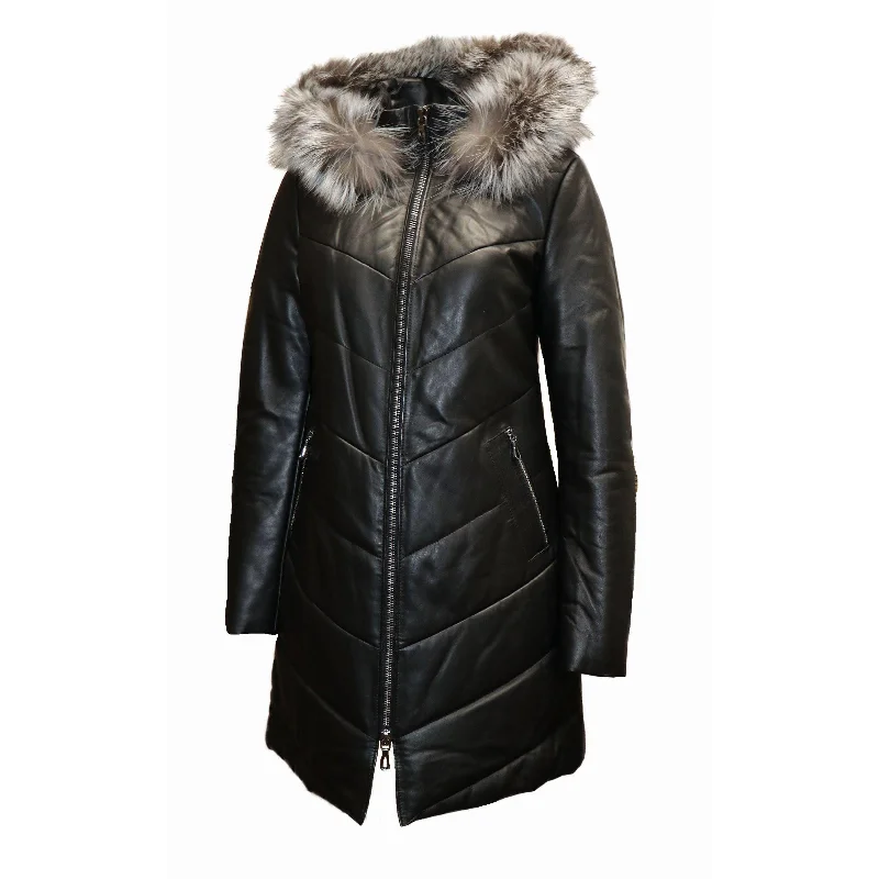 BARYA NEW YORK Women's Puffer Leather Coat with Fox Fur