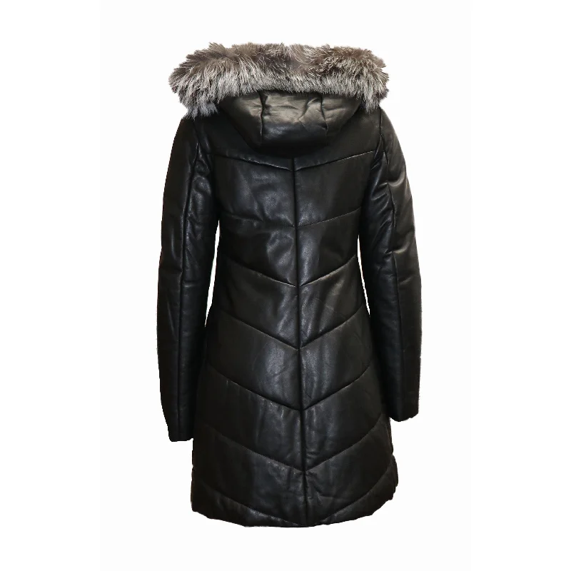 BARYA NEW YORK Women's Puffer Leather Coat with Fox Fur