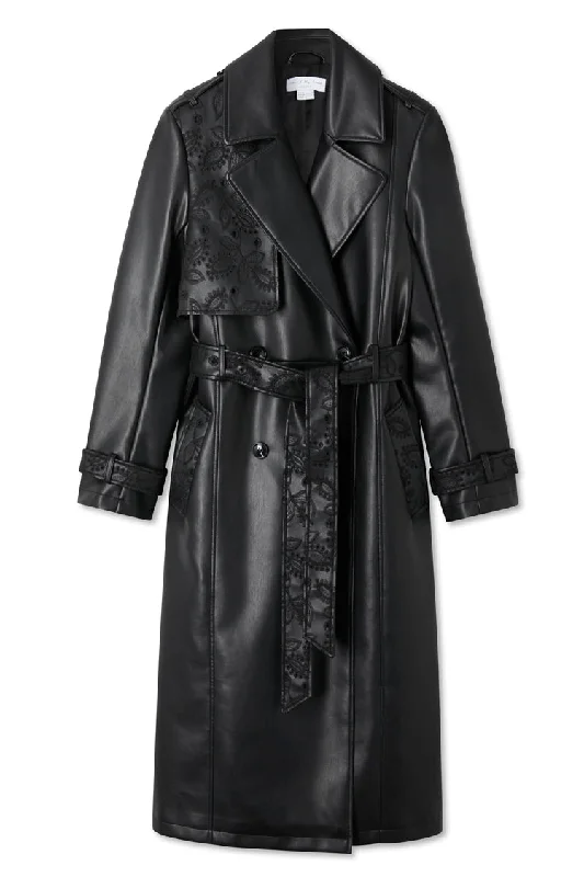 Black Embroidered Vegan Leather Trench Coat