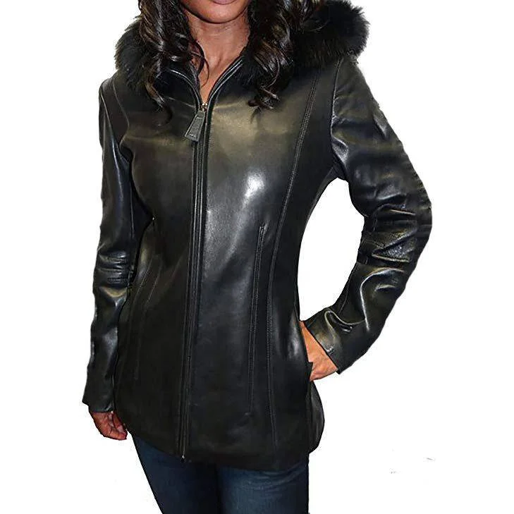 Mason & Cooper Women's Fox Trim Hooded Genuine Leather Jacket