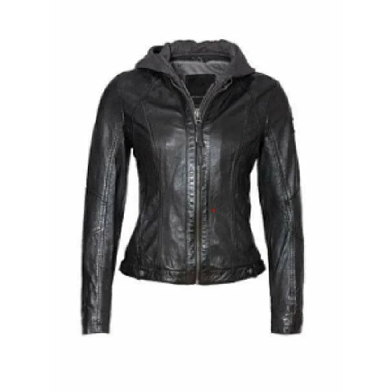 Mauritius Women's Hooded Leather Jacket with Zip Out Hood