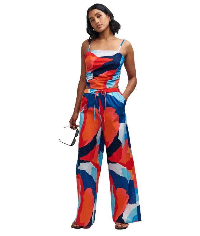 Abstract Print Wide Leg Drawstring Beach Trousers - Multi