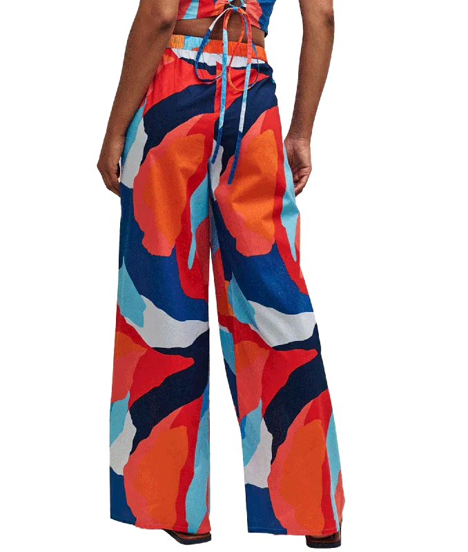 Abstract Print Wide Leg Drawstring Beach Trousers - Multi