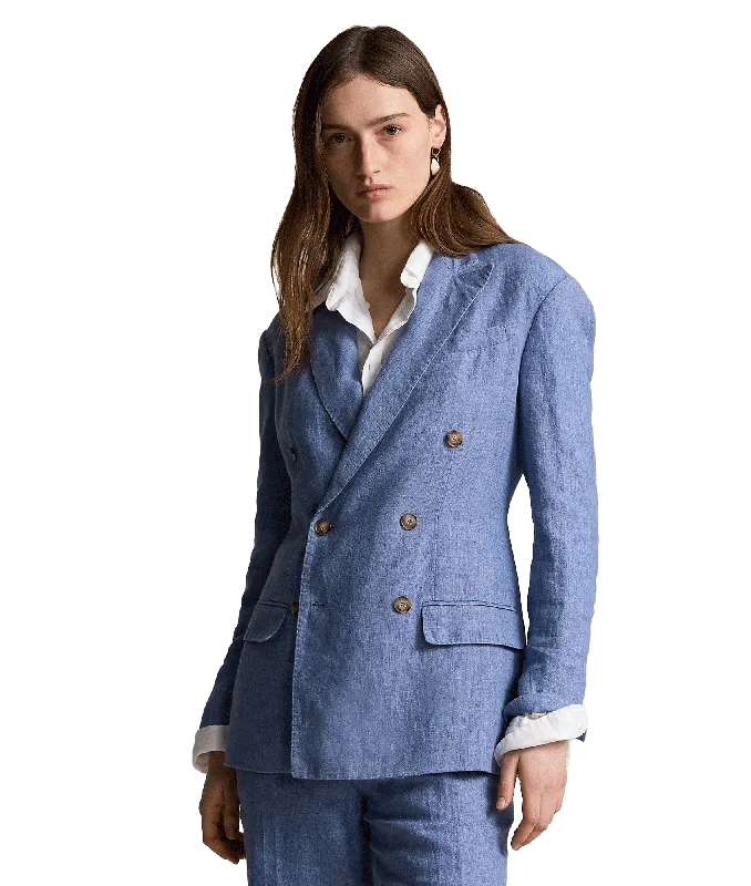 Double-breasted Linen Blazer - Blue