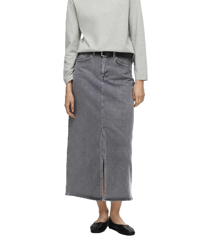 Denim Midi Skirt - Grey