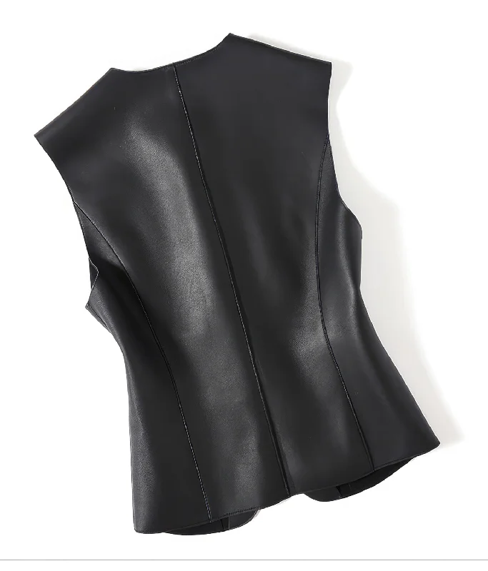 Women’s Black Genuine Sheepskin Round Neck 2 Pockets Smooth Sleeveless Waistcoat Single Breasted Casual Classic Leather Vest