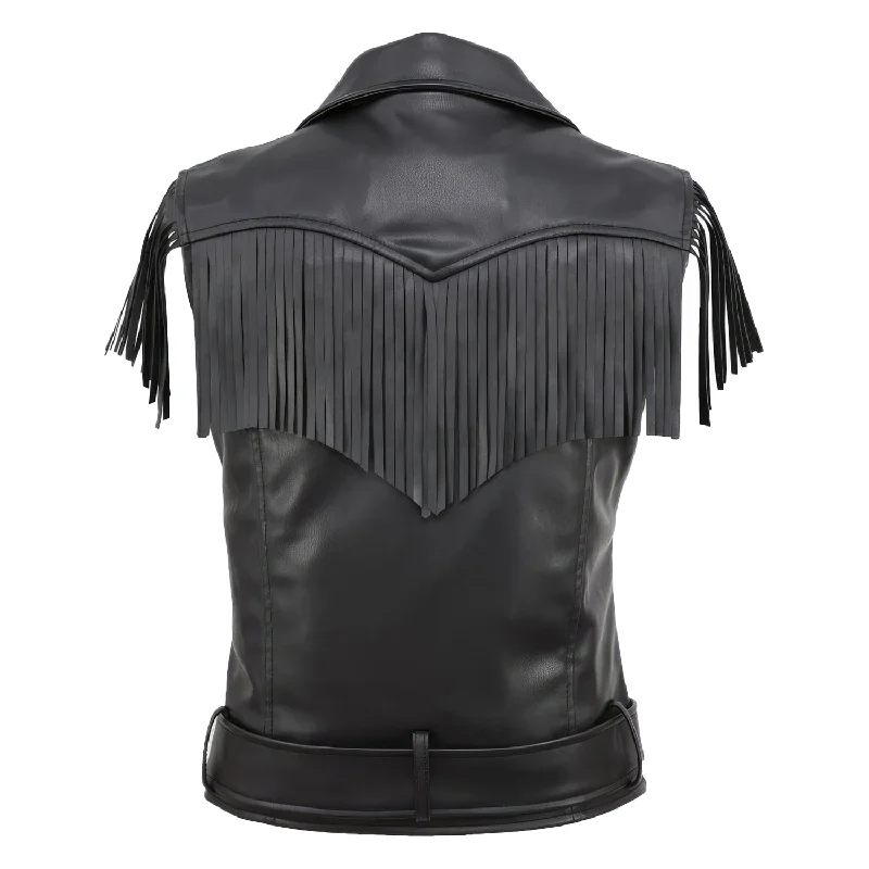 Women’s Black Genuine Sheepskin Vest Tassels Sleeveless Sporty Moto Rider Mid-Western Slim Fit Fringe Leather Waistcoat