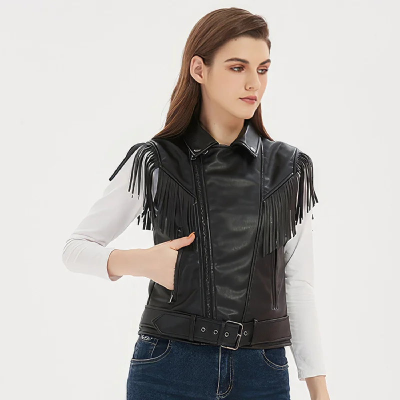 Women’s Black Genuine Sheepskin Vest Tassels Sleeveless Sporty Moto Rider Mid-Western Slim Fit Fringe Leather Waistcoat