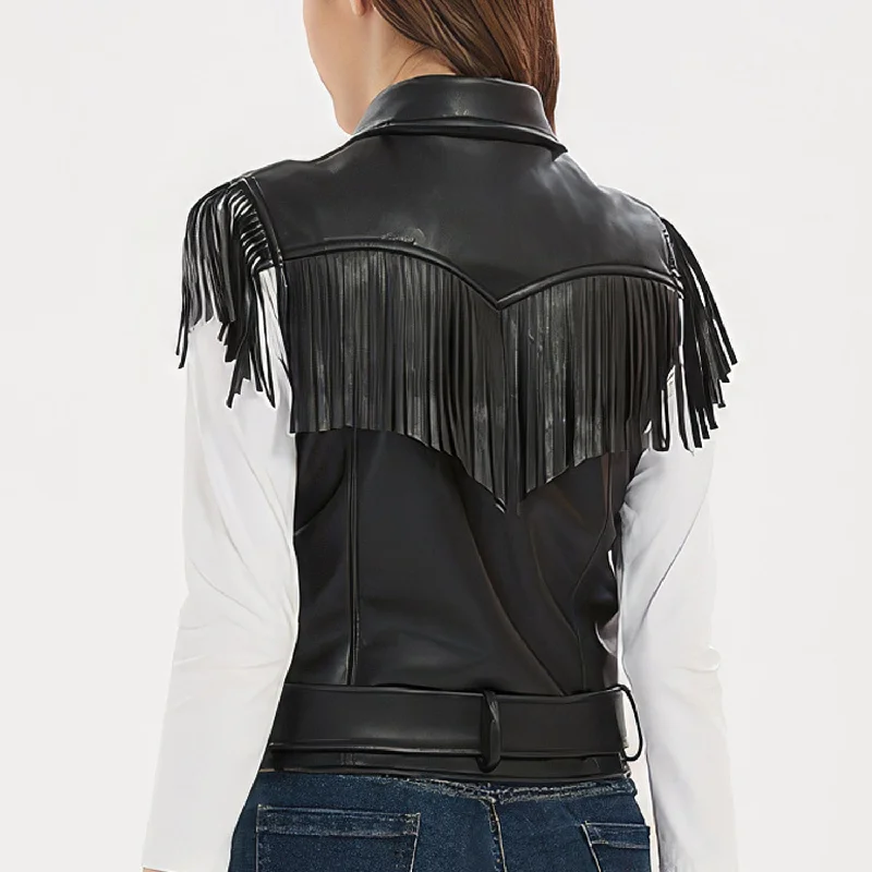 Women’s Black Genuine Sheepskin Vest Tassels Sleeveless Sporty Moto Rider Mid-Western Slim Fit Fringe Leather Waistcoat