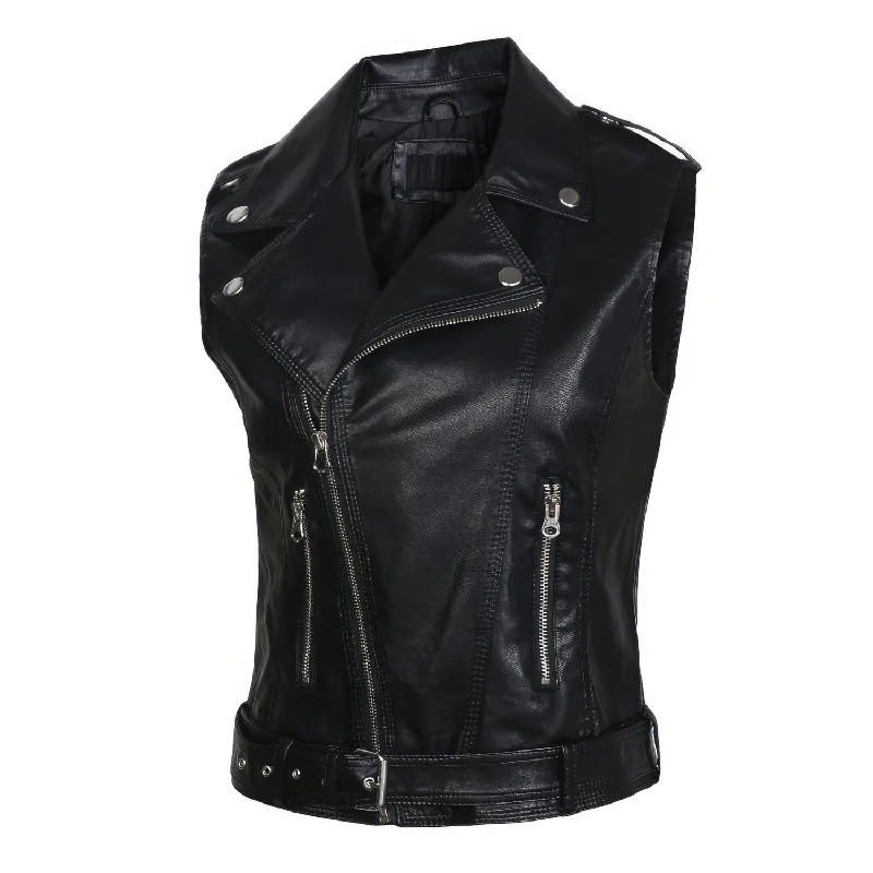 Women’s Black Rider Genuine Sheepskin Sleeveless Vest Casual Café Racer Fashionable Lapel Collar Leather Waistcoat