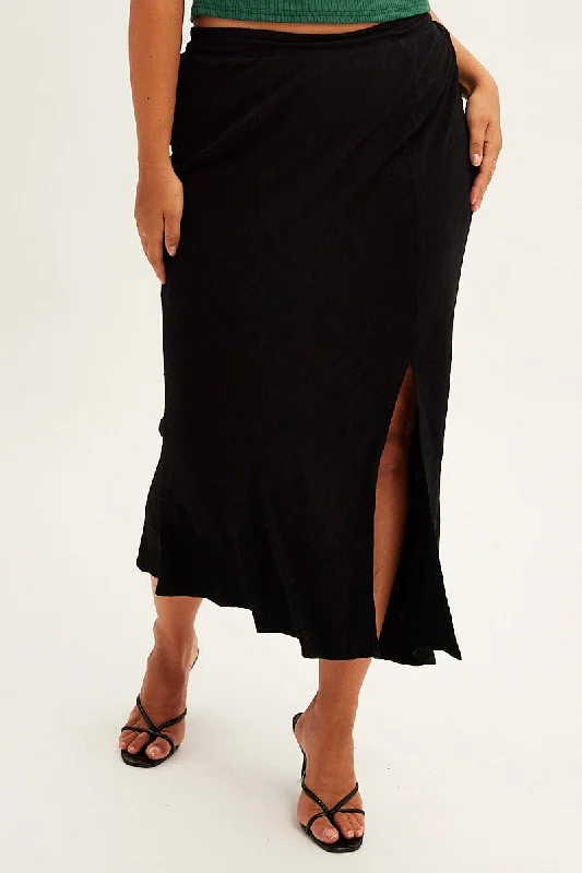 Black Midi Skirt Elastic Waist Split Side Linen Blend