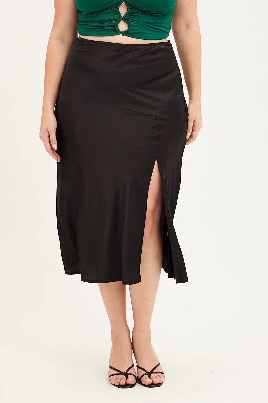 Black Midi Skirt High Waist Split Satin