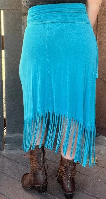 Rhonda Stark Women's Turquoise Asymmetrical Fringe Knit Skirt 580TQ