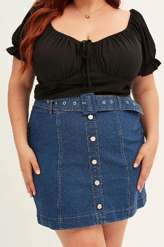 Denim Blue Mid Wash Denim Belted Button Front Mini Skirt