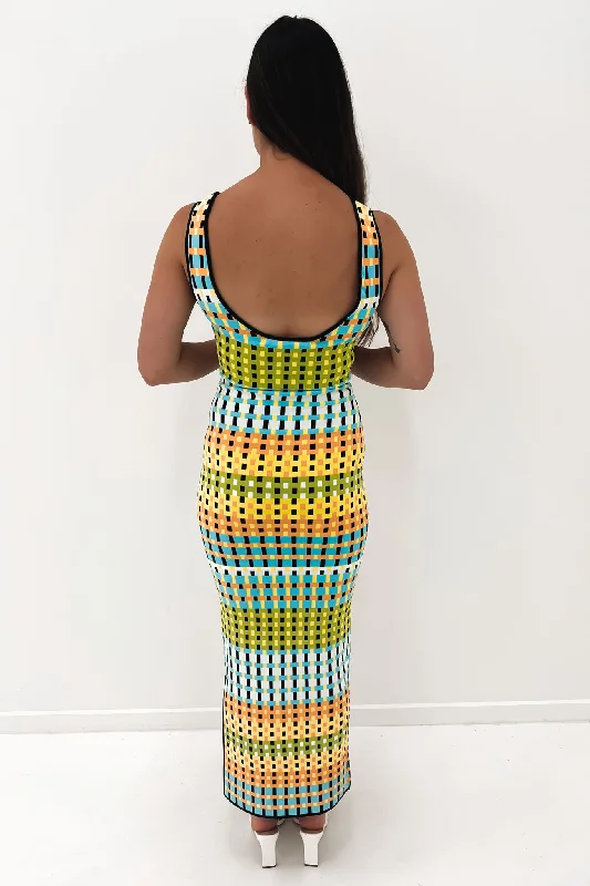 Eve Grid Scoop Back Midi Dress Green Multi