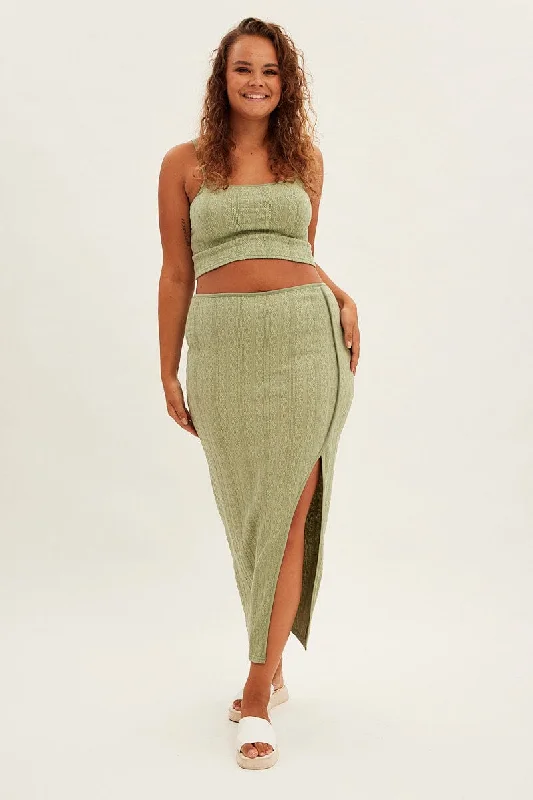 Green Midi Skirt Side Split Textured Jersey