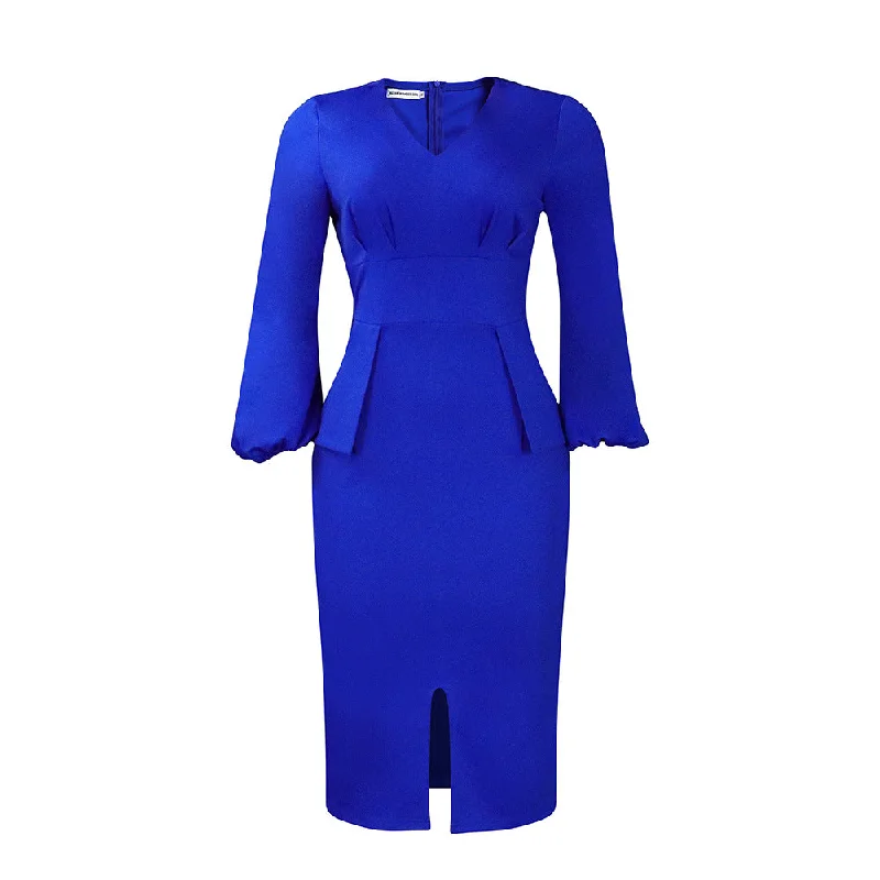 NiDELL D354 Amazon European and American Women's Clothing V-neck Puff Sleeve Split Dress Office Pencil Skirt African Dress