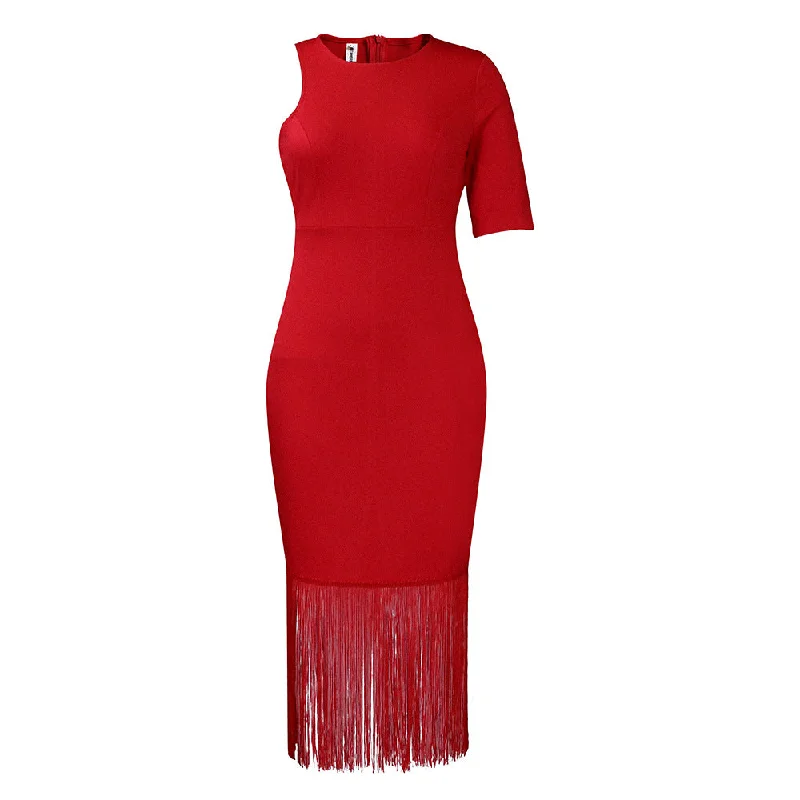 NiDELL D357 Independent Station European and American plus Size Women's Clothes . Summer New Solid Color Sheath Tassel Pencil Skirt African Dress