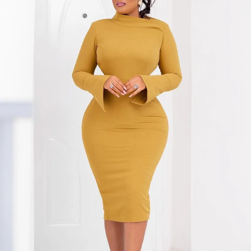 NiDELL D441 Independent Station . Autumn and Winter New Long Sleeve Narrow plus Size Diagonal Collar Solid Color plus Size Women's Clothing African Dress