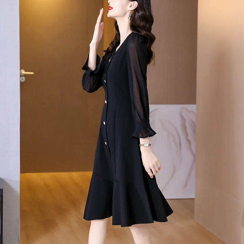 NiDELL French Retro Dress Spring Women's Clothes . New High-End Elegant Hepburn Wind Black Elegant Little Black Dress