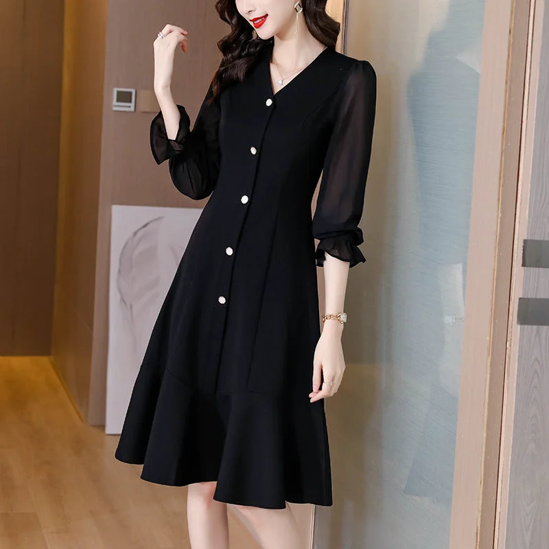 NiDELL French Retro Dress Spring Women's Clothes . New High-End Elegant Hepburn Wind Black Elegant Little Black Dress