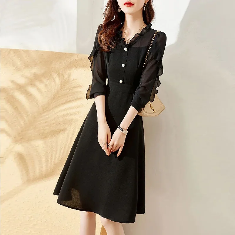 NiDELL Mid-Length Dress with Wooden Ears . Spring and Summer New Commuter Stitching Elegant V-neck Black Waist-Slimming Dress