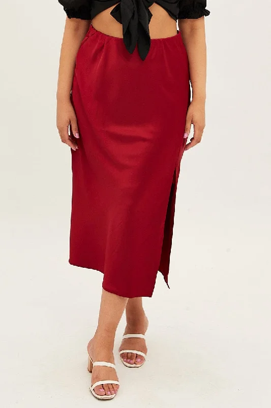 Red Midi Skirt Satin Split Flare