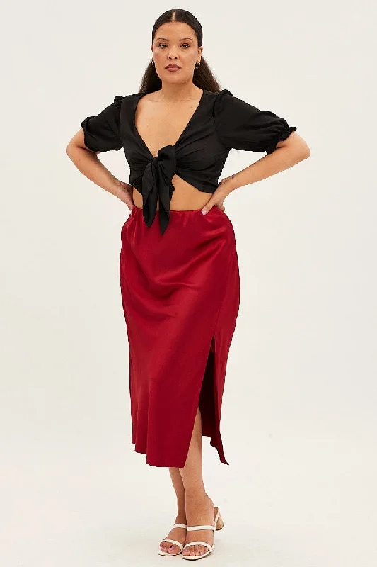 Red Midi Skirt Satin Split Flare