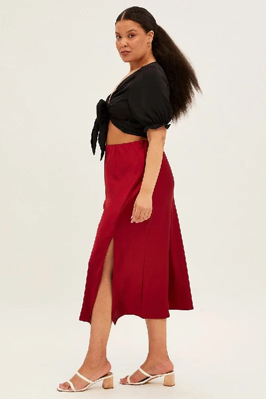 Red Midi Skirt Satin Split Flare